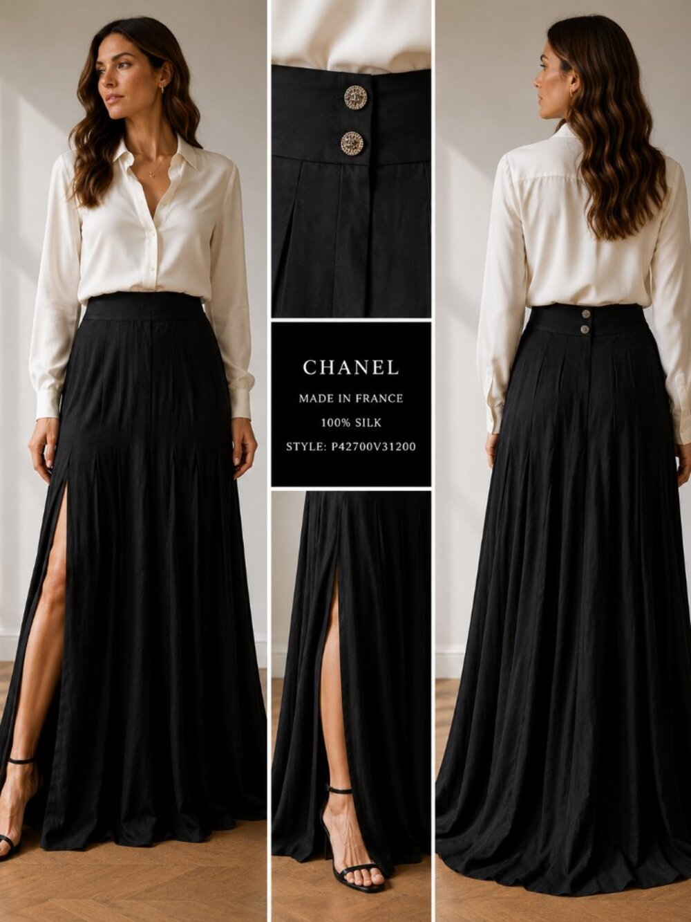 CHANEL Black 100% Silk Maxi Skirt CC Logo Buttons Side Slit FR 44 Made in France
